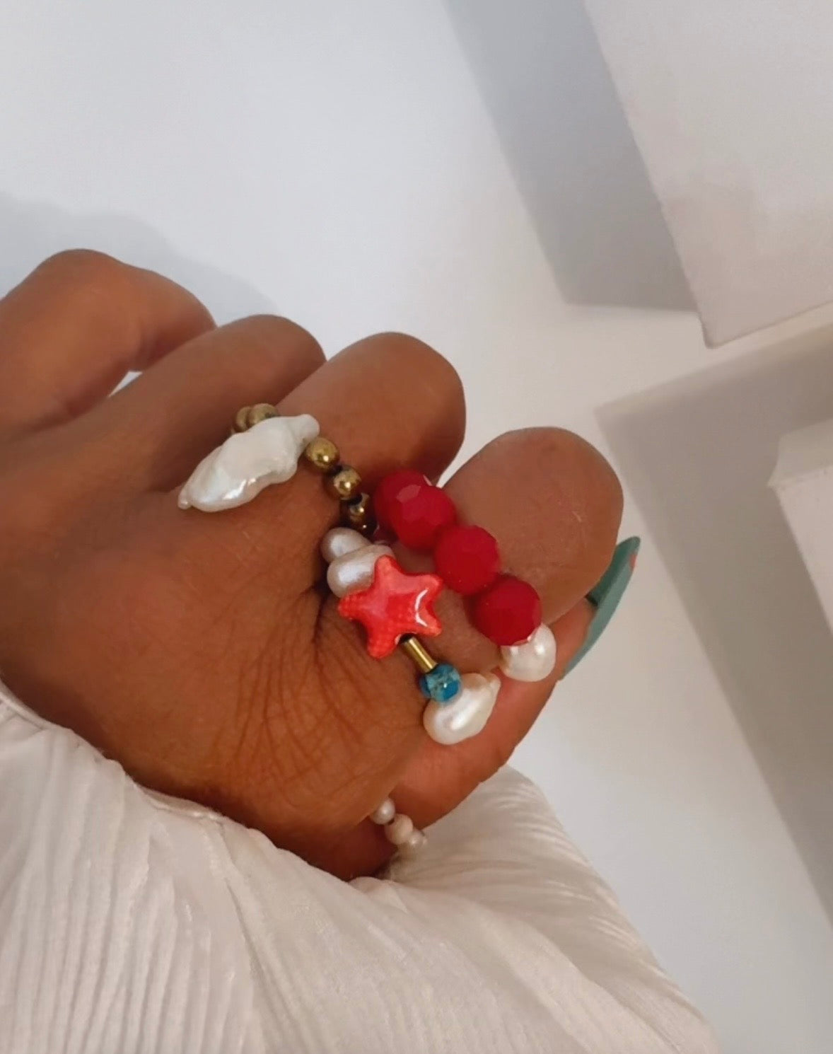Anillo Perlas Estrella de Mar Coral Turquesa | Ocean Pearl Ring | New