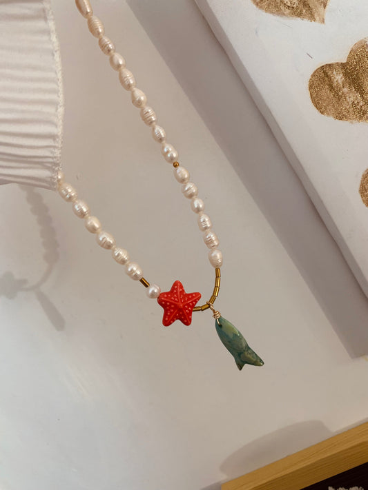 Collar Perlas Pez Verde y Estrella Roja | Pearl Ocean Necklace | New